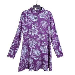 Anthropologie Mock Neck Purple Floral Cutout‎ Back Mini Knit Dress Women's Sz L